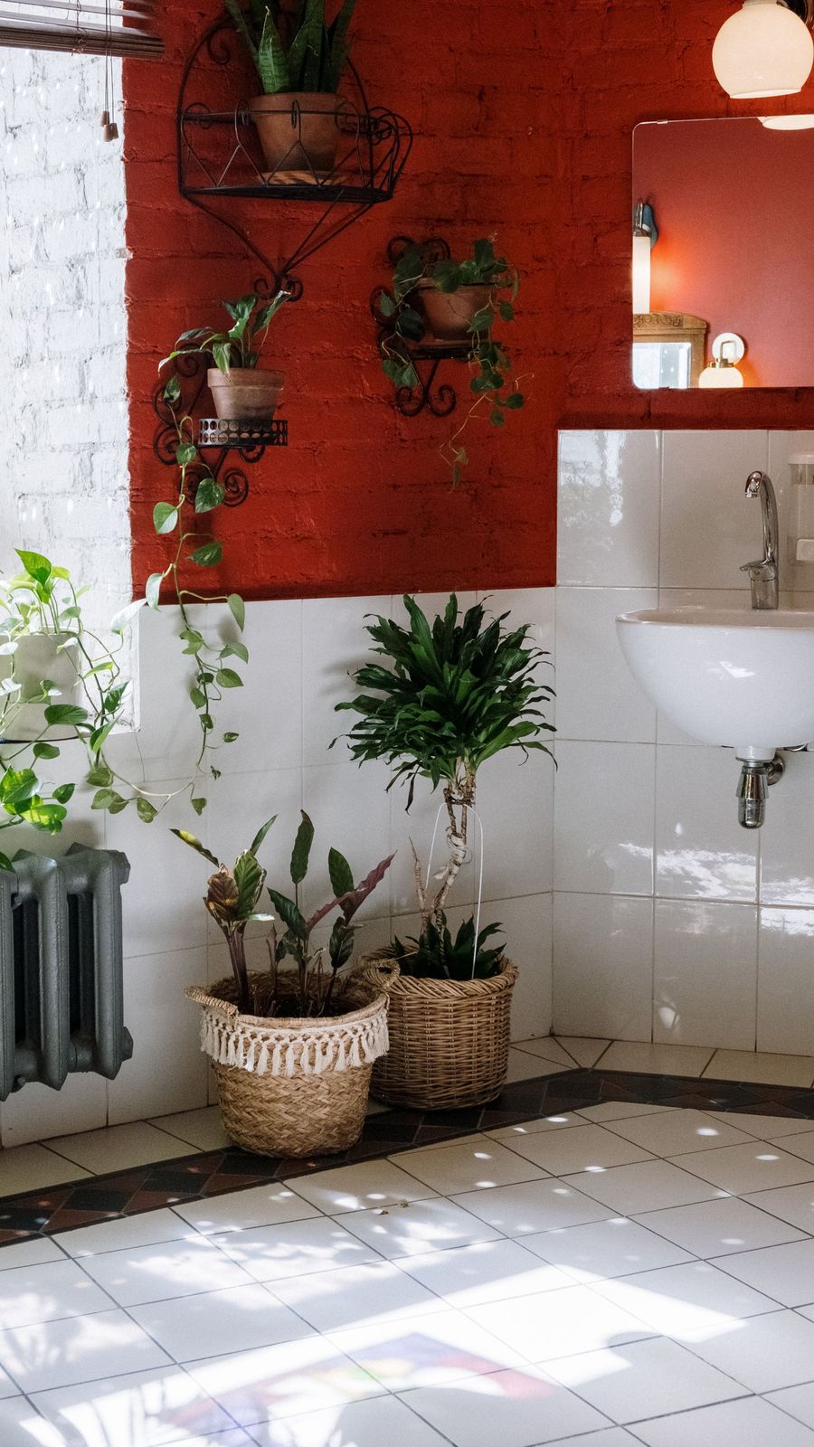 Banheiro com parede terracota, plantas penduradas e pia branca iluminada pela janela
